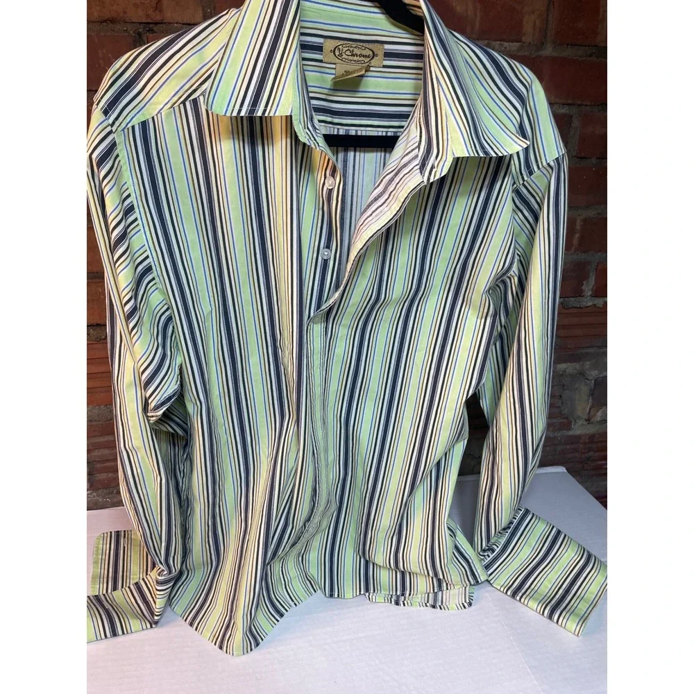 Y Chrome Men's Striped Button Down‎ Shirt Long Sleeve Size L